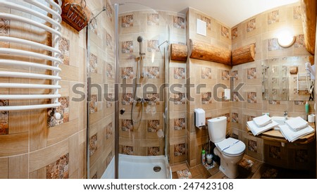 Interior of a modern bathroom. Shower cabin, basins, toilet. The horizontally position photo.