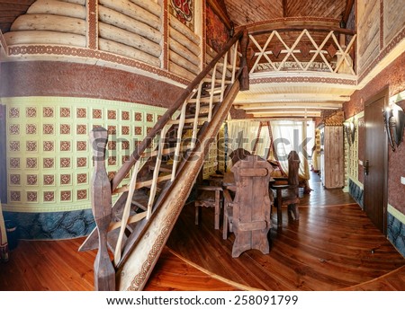 Unique ethnic interior. Traditional (national) design. The hotel room. Ukrainian style and specific decorations of Galicia-Volhynia historical period. Europe, Ukraine, Carpathians, Hotel \
