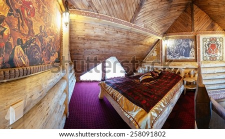 Unique ethnic interior. Traditional (national) design. The hotel room. Ukrainian style and specific decorations of Galicia-Volhynia historical period. Europe, Ukraine, Carpathians, Hotel \