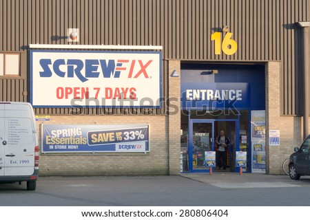 BURY ST EDMUNDS, ENGLAND - 23 April, 2015: Screwfix is supplier of Trade Tools, Plumbing, Electrical, Bathrooms and Kitchens and deliver to tradesmen, handymen and DIY enthusiasts all over the UK.