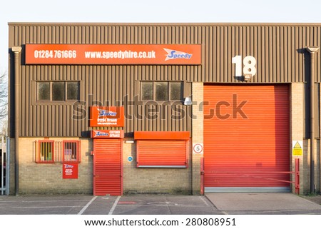 BURY ST EDMUNDS, ENGLAND - 23 April, 2015:  Speedy Hire Plc company is registered in England and Wales. Front view of outlet on Moreton Hall industrial estate in Bury St Edmunds, England