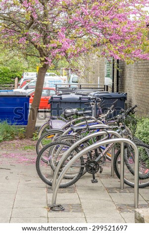 CAMBRIDGE, ENGLAND - 7 MAY 2015: Image of Bike rack in Spring, under a tree on Mill road, Cambridge