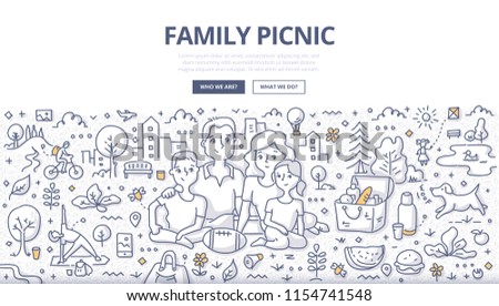 Doodle vector illustration of a family having picnic in the city park. Concept of outdoor dining & recreation for web banners, hero images, printed materials