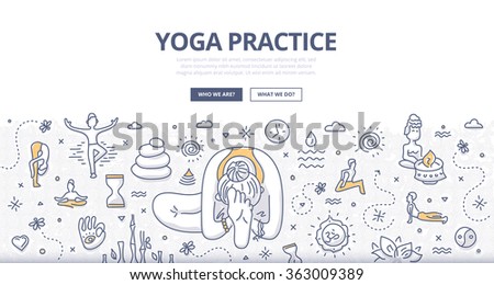 Doodle design style concept of practicing yoga, concentration, wellbeing exercising. Modern line style illustration for web banners, hero images, printed materials