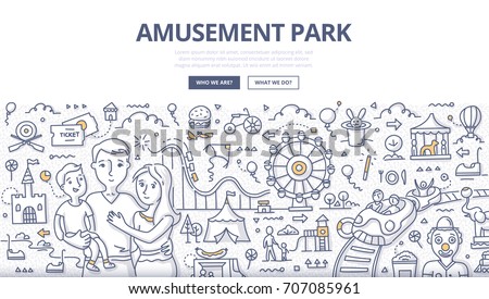 Doodle vector illustration of a family in amusement park. Concept of recreation and having fun in a themed park for web banners, hero images, printed materials