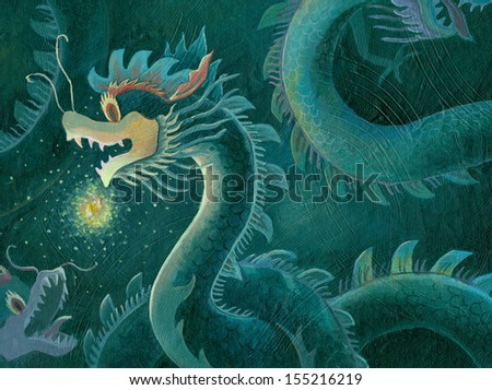 acrylic painting of a Chinese dragon with the shine dragon ball light