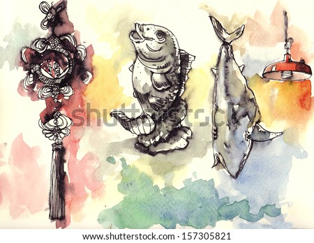 Chinese elements drawing and water color painting Chinese amulet carp fish shark fin and market red lamp. elements from Hong Kong