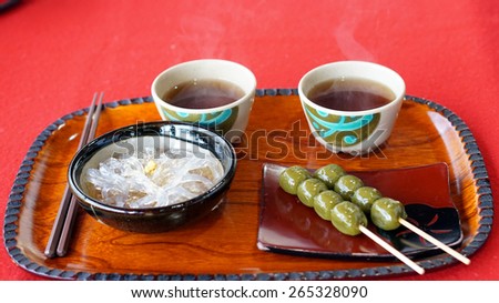 Japanese Kyoto traditional sweets dessert set, dango, jelly noodle and green tea