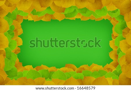 green and yellow leafs -frame on green background. clipping path included