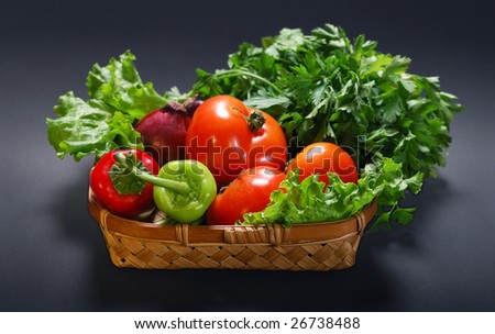 vegetables in basket. tomato, paprika, lettuce. isolated with clipping path