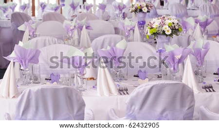Wedding reception place ready for guests. violet color style accent