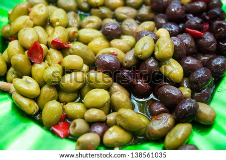 marinated olives, green and black,mediterranean food