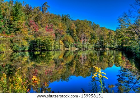 Fall tress reflecting on lake in North Carolina Blue Ridge Parkway