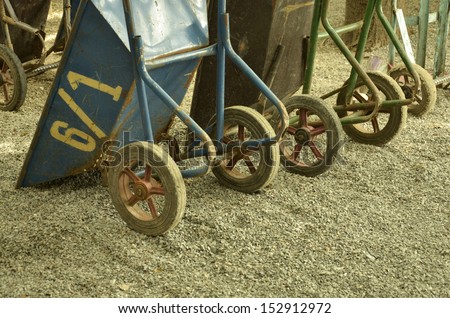 Wheels of iron wagon on lamina stone