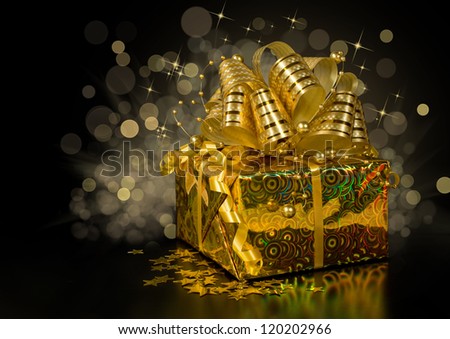 golden gift box with confetti in the shape of stars on a dark background with lights