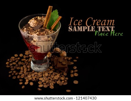 coffee ice cream with chocolate and cinnamon on a dark background