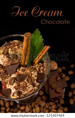 coffee ice cream with chocolate, coffee beans , mint and cinnamon sticks