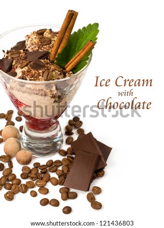 coffee ice cream with chocolate, mint,  cinnamon and  jam