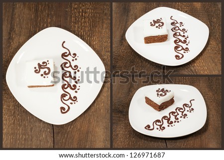set of cake with white cream and chocolate decoration