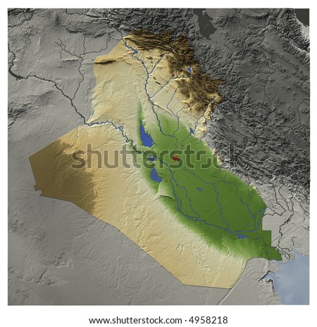 stock photo : 3D relief map of Iraq, seen from above. Shows major cities