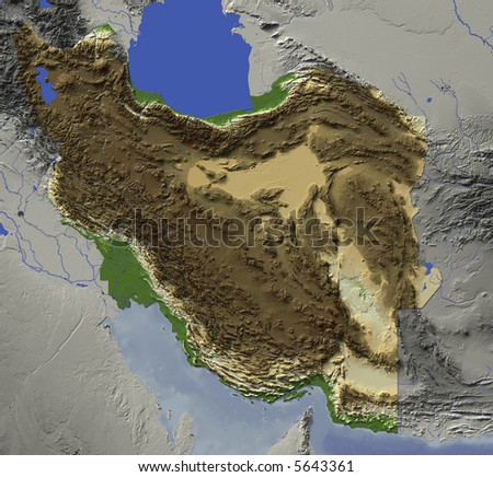 stock photo : 3D relief map of Iran. Shows major cities and rivers, surrounding