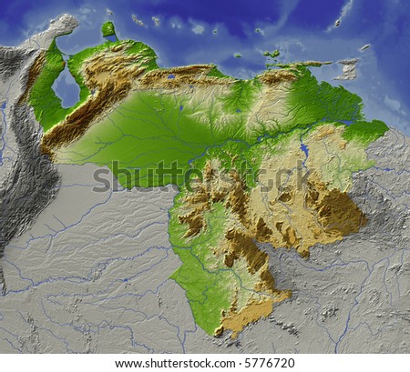 stock photo : Relief map of Venezuela. Shows major cities and rivers, 
