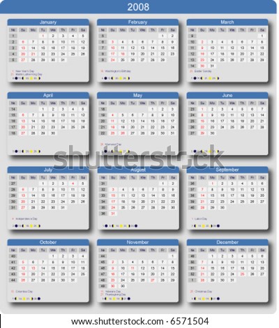 Calendars  Holidays on Stock Vector   Calendar 2008  Us Holidays  Week Numbers  Moon Phases