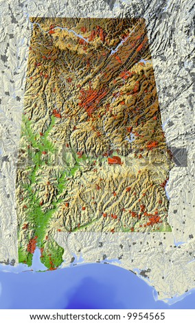 map of alabama with cities. stock photo : 3D relief map of Alabama. Shows major cities and rivers, surrounding