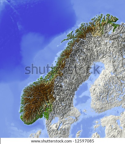 map of norway and surrounding countries. Shaded relief map, with major