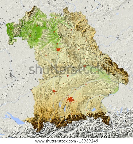 Bavaria, Germany. Shaded relief map of the federal state of Bavaria (Bayern). Surrounding territory greyed out. Colored according to elevation. Includes clip path for the state area.
