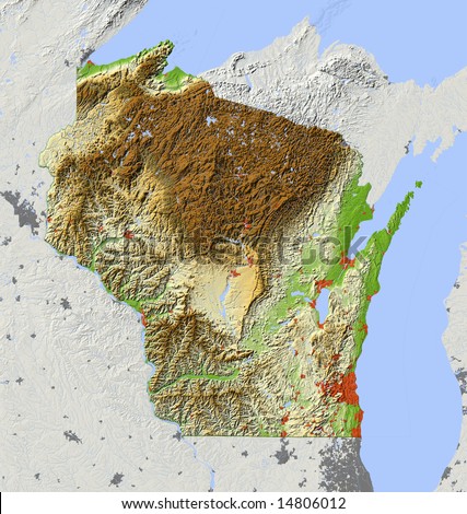 Wisconsin. Shaded Relief Map, With Major Urban Areas, Surrounding Territory Greyed Out. Colored 