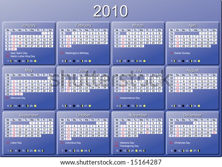 stock photo : Calendar 2010. Start of week Sunday, with week numbers, major