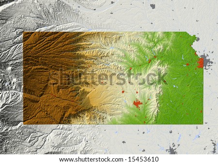 Kansas. Shaded Relief Map, With Major Urban Areas And Rivers