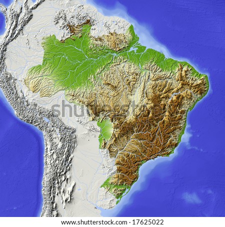 Brazil. Shaded Relief Map With Major Urban Areas. Surrounding Territory