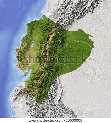 stock photo : Ecuador. Shaded relief map with major urban areas. Surrounding 