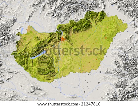 stock photo : Hungary. Shaded relief map with major urban areas. Surrounding 