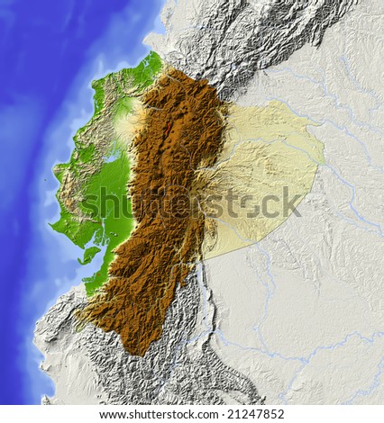 stock photo : Ecuador. Shaded relief map with major urban areas. Surrounding 
