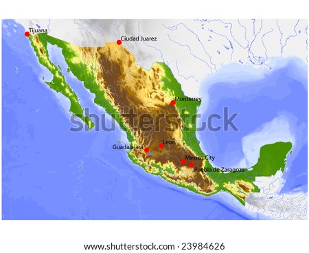 stock vector mexico physical vector map colored according to elevation with rivers and selected cities