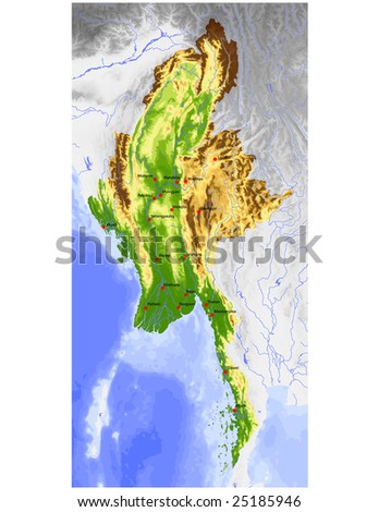 physical map of burma. Physical vector map, colored