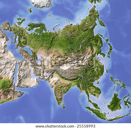 Asia. Shaded relief map. Colored according to vegetation. Includes a clip path for the land area.