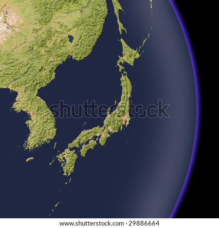 Japan from space, shaded relief map. Colored according to natural appearance, with major urban areas. Includes clip paths for the state boundary and land areas.