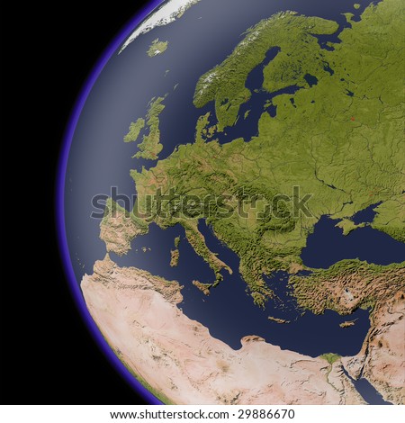 Europe from space, shaded relief map. Colored according to natural appearance, with major urban areas.