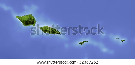 Samoa and American Samoa, shaded relief map. Colored according to vegetation, with major urban areas. Includes clip path for the land area.
