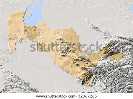 Uzbekistan, shaded relief map. Colored according to vegetation, with major urban areas. Includes clip path for the state boundary.