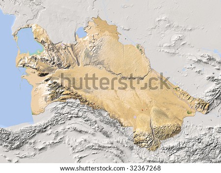 Turkmenistan, shaded relief map. Colored according to vegetation, with major urban areas. Includes clip path for the state boundary.
