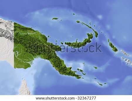 Papua New Guinea, shaded relief map. Colored according to vegetation. Includes clip path for the state boundary.