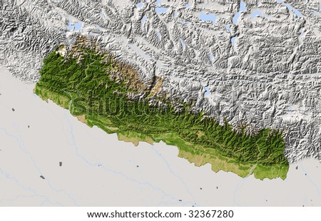 Nepal, shaded relief map. Colored according to vegetation. Includes clip path for the state boundary.