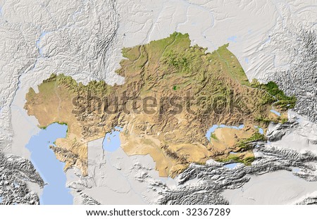 Kazakhstan, shaded relief map. Colored according to vegetation. Includes clip path for the state boundary.