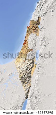 Israel, shaded relief map. Colored according to vegetation, with major urban areas. Includes clip path for the state boundary.