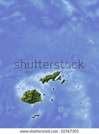Fiji, shaded relief map. Colored according to vegetation, with major urban areas. Includes clip path for the state boundary.